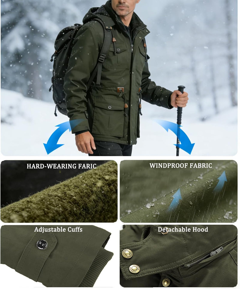 INVACHI Men's Winter Military Jacket, Fleece Lined Hooded Cargo Coat