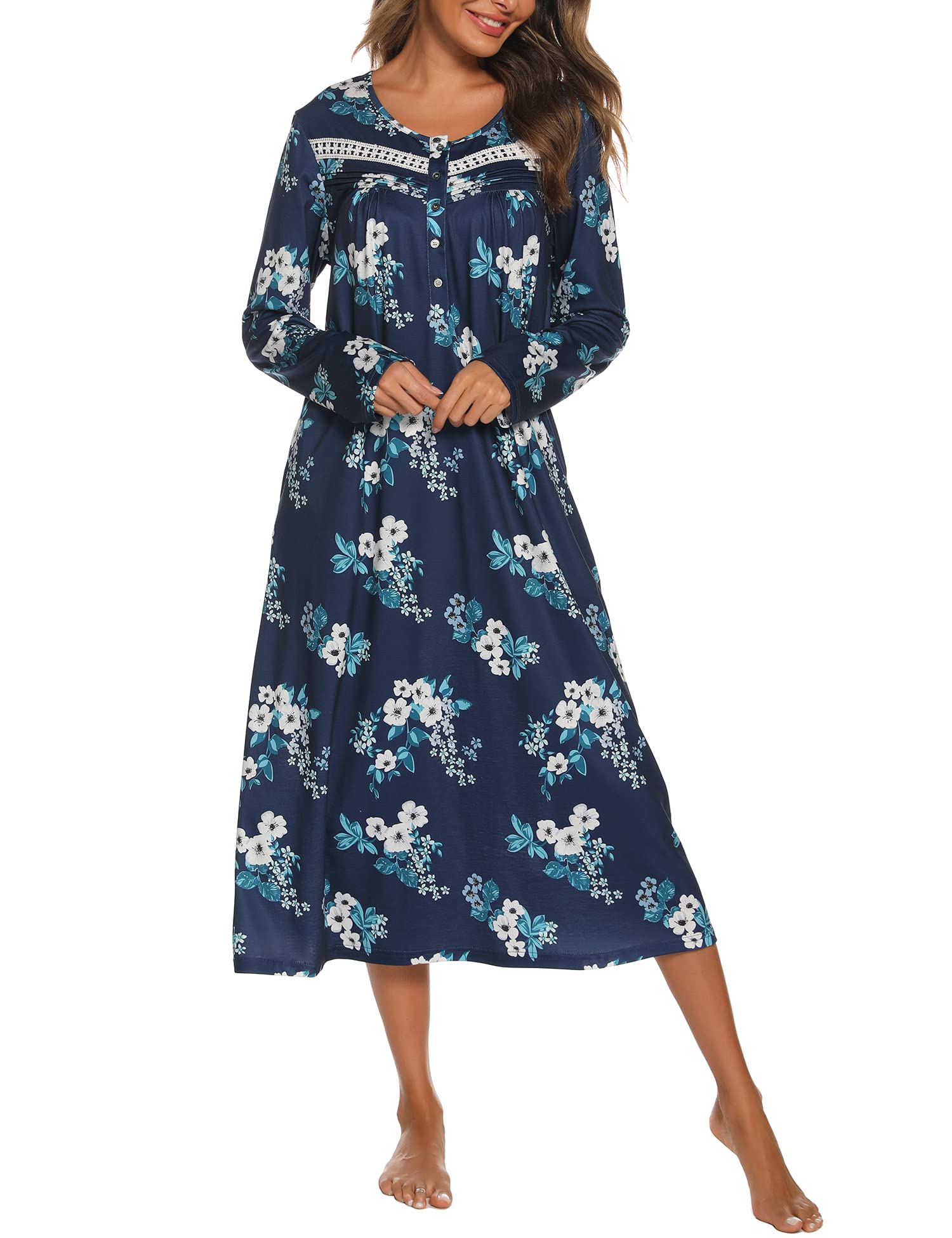 YOZLY Nightgowns for Women Soft Cotton Long Sleeve Night Gwon with Pockets-79