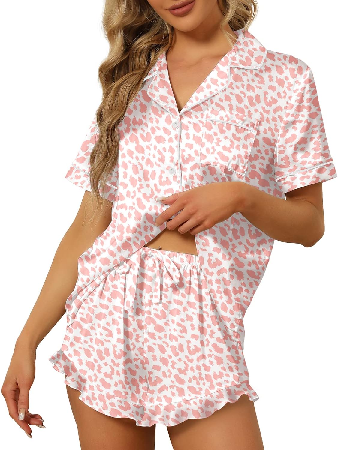 SAPJON Satin Silk Pajamas for Women 2Pcs Ruffle Notch Collar Sleepwear Button Down Short Sleeve Shorts Pjs Set Loungewear-42