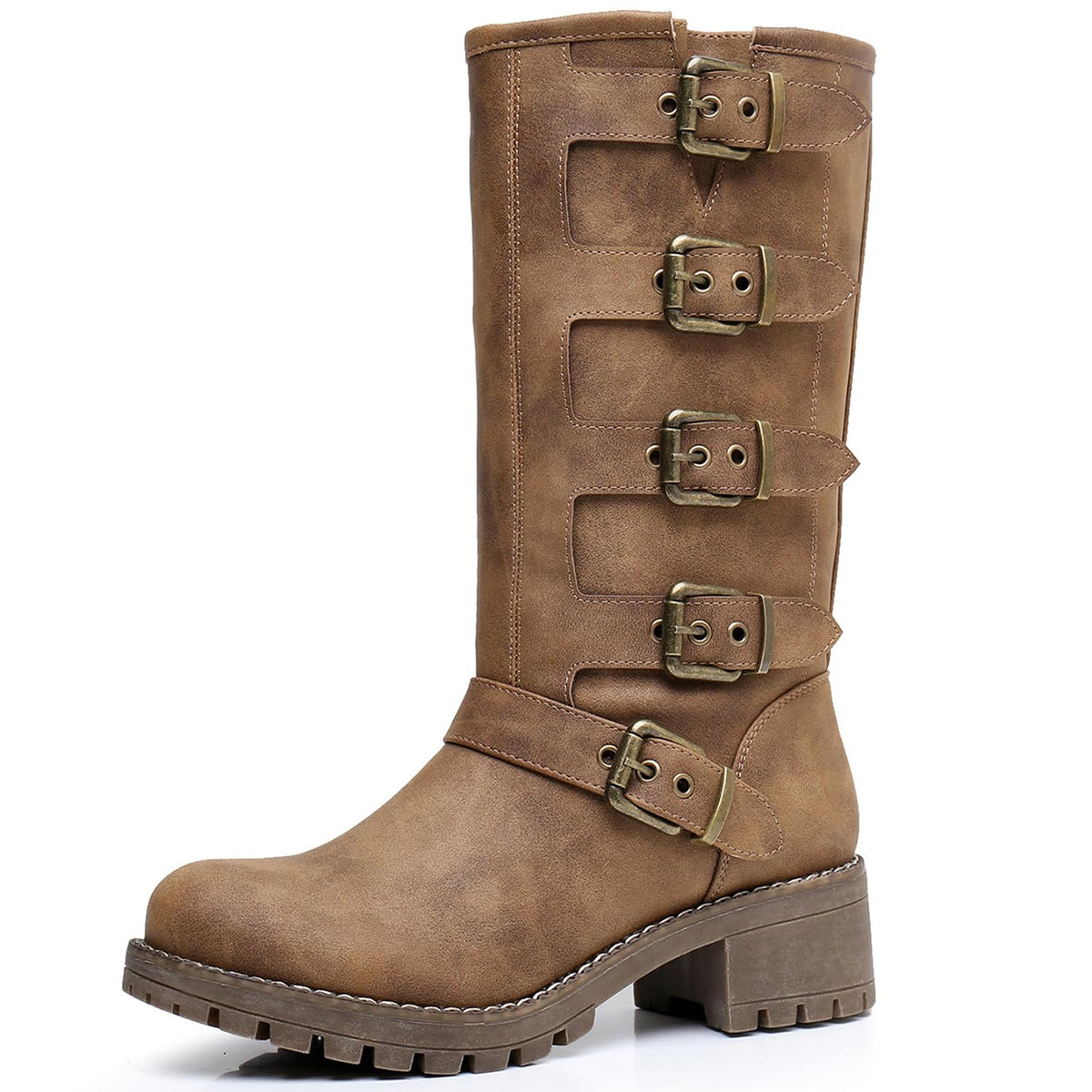 GLOBALWIN Women's Mid Calf Moto Boots With Buckle Straps
