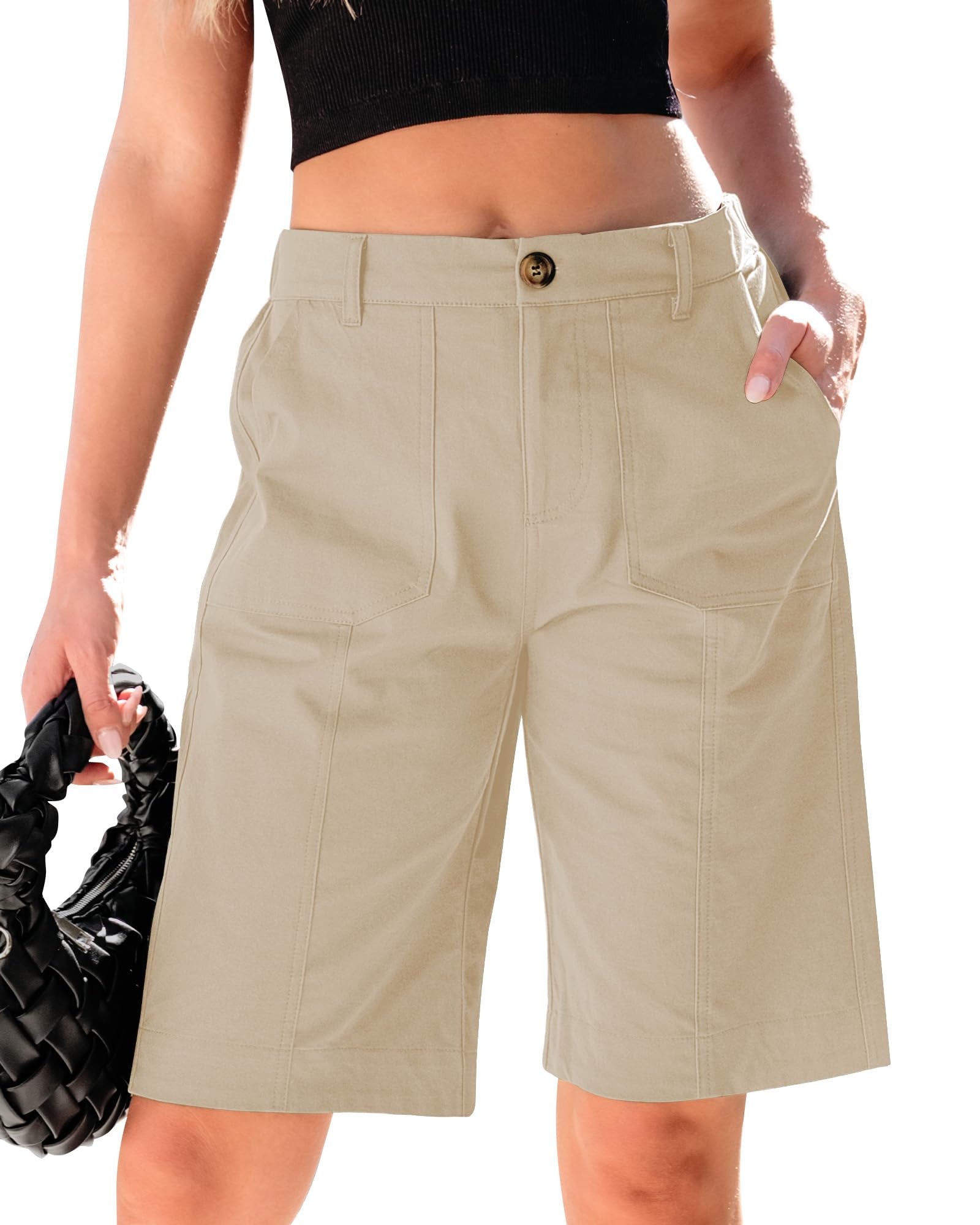 luvamia Bermuda Shorts for Women Knee Length High Waisted Cotton Elastic Waist Summer Dressy Casual Long Chino Shorts