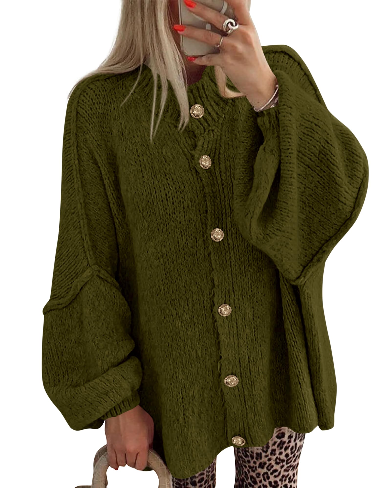 BTFBM Cardigan Sweaters for Women 2026 Fall Clothes Lantern Long Sleeve Button Open Front Chunky Knit Oversized Sweater-28