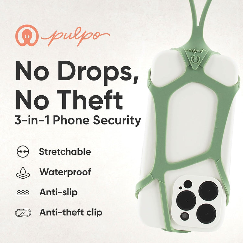 Pulpo Safety Cell Phone Lanyard Green Fits Smartphones 6.1 to 6.8” - Anti Theft Phone Strap for Men & Women, Lanyards for Phones, Hiking Phone Holder & Cellphone Lanyard, Silicone Crossbody Straps