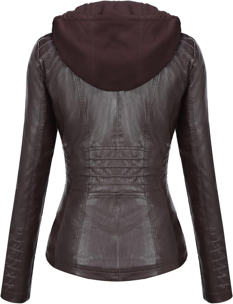 Tanming Womens Faux Leather Jacket Hooded Moto Biker Coat Outerwear Fall Fashion Outfits Winter Clothes-93