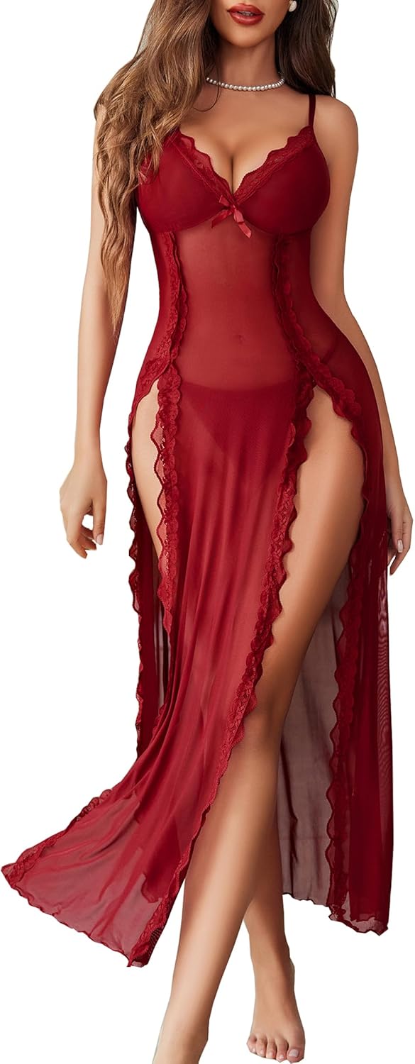 Avidlove Women Lingerie Lace Babydoll Chemise Sexy Mesh Nightdress V Neck Nightwear Side Split Nightgown-40