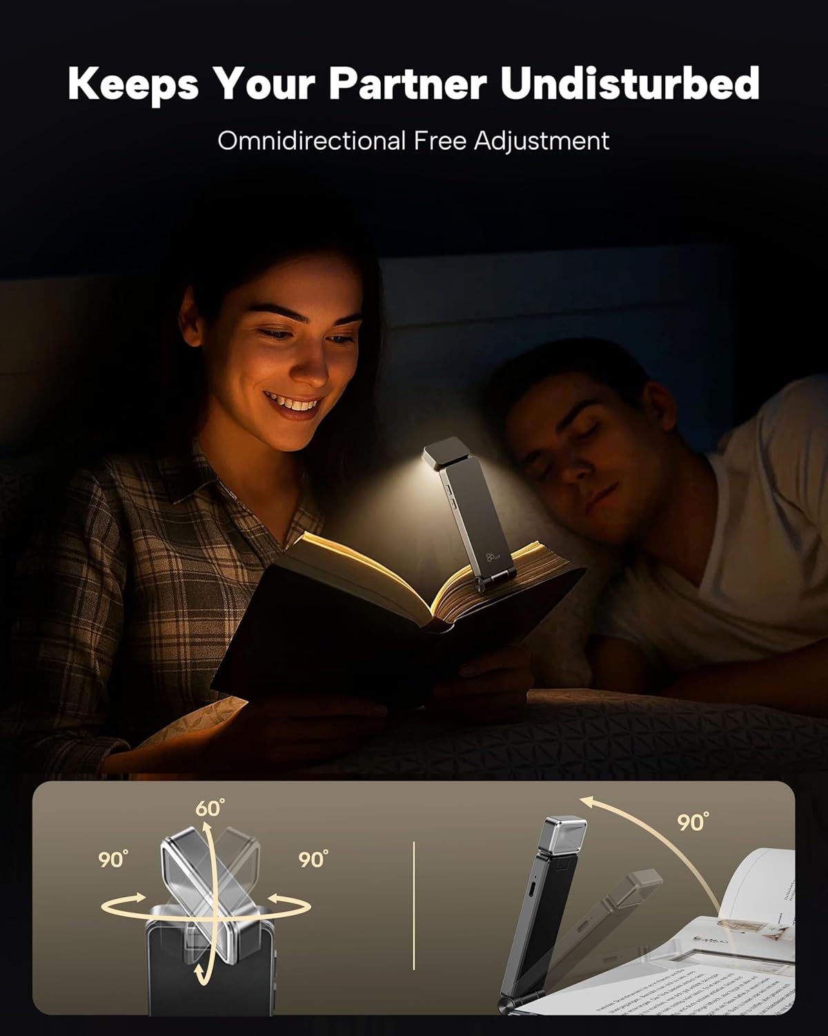 86lux Book Light, Rechargeable Clip-On LED Reading Light for Bed | 3 Color Temperatures with Stepless Dimming, Ultralight Bookmark Design for Book Lovers, Grey