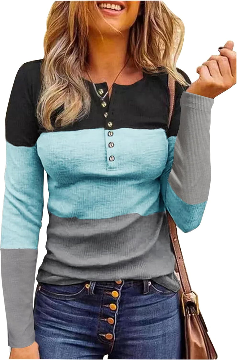 Long Sleeve Shirts for Women Henley Button Ribbed Knit Slim Fitted Tops Ladies Comfrt Trendy Undershir Clothes Tee Shirt-45