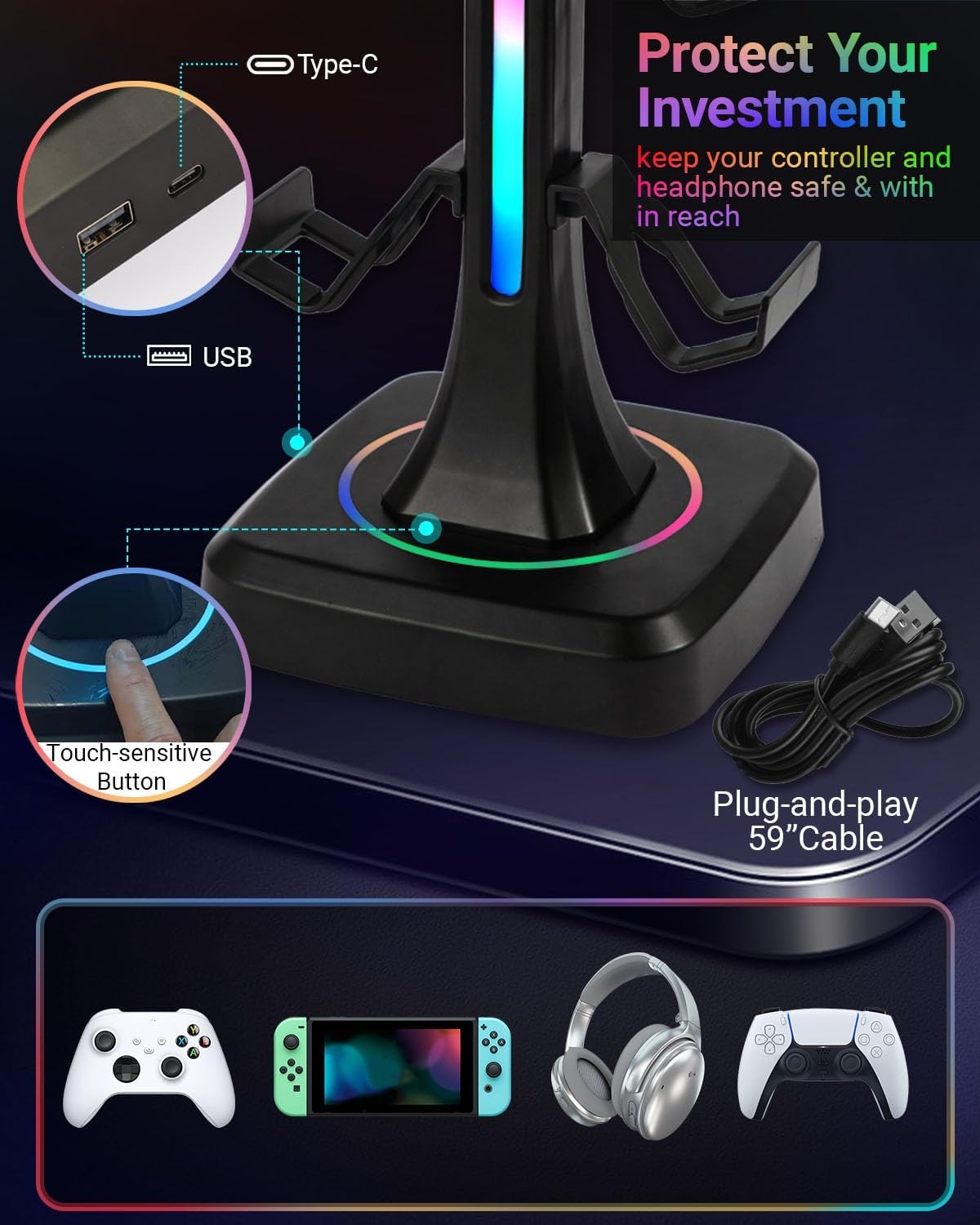 Controller Headset Stand with 10 Color Light Modes - RGB Headphone Holder for PS5, Xbox, Switch - Gaming Room Decor, Desk Organizer for Gamers