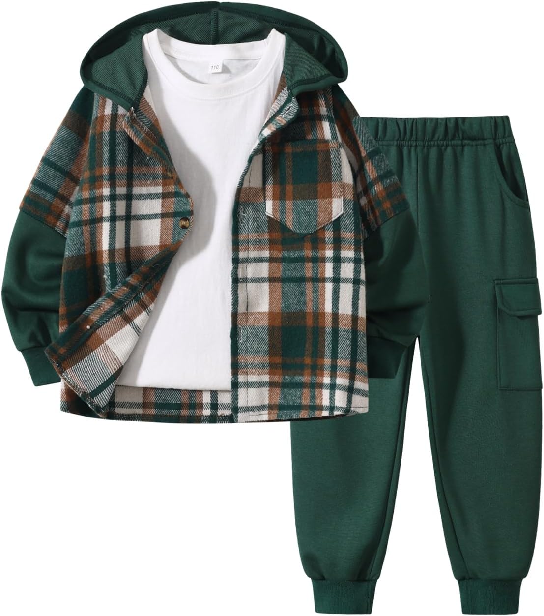 Fdqin 2Pcs Kids Boys Flannel Plaid Shirt Tops Pants Set Hoodie Sweatsuit for Fall Winter Spring Outfits 4-12 Years
