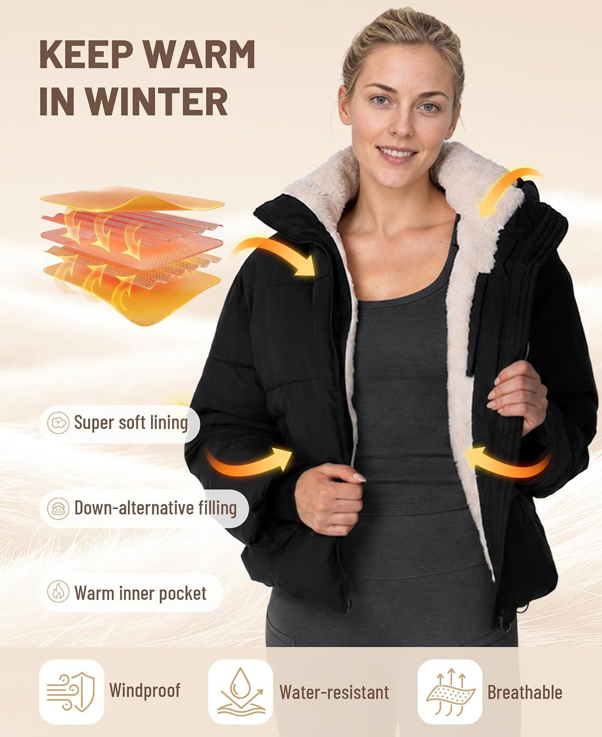 Women's Cropped Puffer Jacket with Faux Fur Lining Quilted Coat Winter