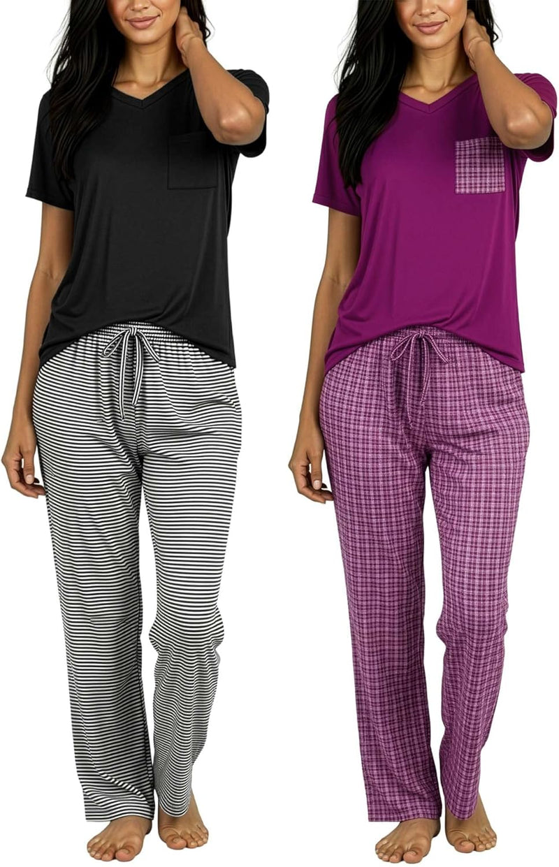 Real Essentials 2 Pack: Women's Comfy Pajama Sets - Short & Long Sleeve Ladies Loungewear Sleepwear PJs (Available In Plus)-80
