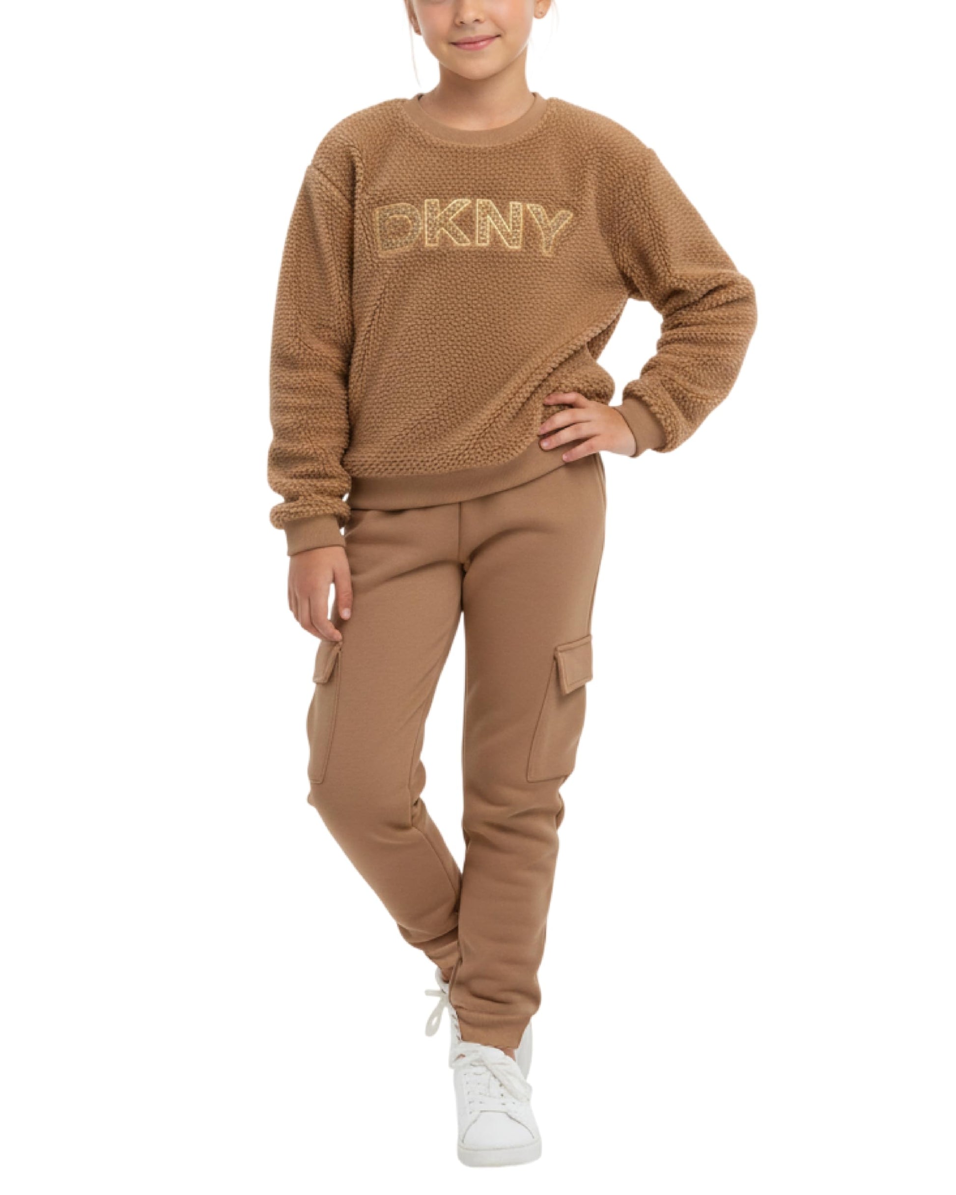 DKNY Girls Tracksuit Set - 2 Piece Cozy Soft Sherpa Fur Pullover Hoodie and Cargo Joggers Sweatpants Girls Sweatsuit Set