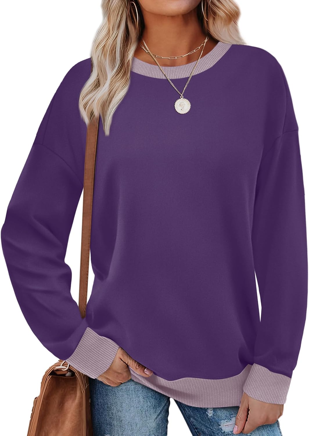 Saloogoe Sweatshirts for Women Crewneck Long Sleeve Loose Fit Tops Color Block Ribbed Trim Fashion 2025-19