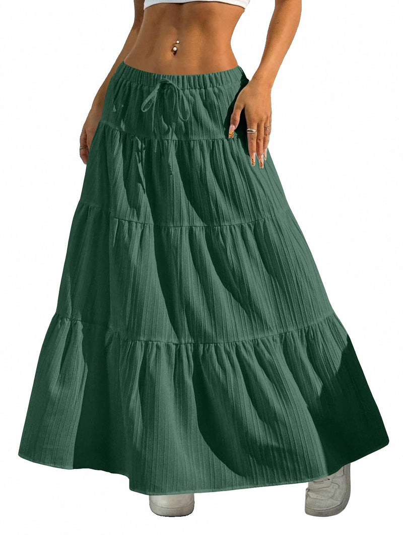 Maxi Skirts for Women Ruffle Hem A Line Long Skirts Elastic Waist Elegant Tiered Layer Boho Long Dress