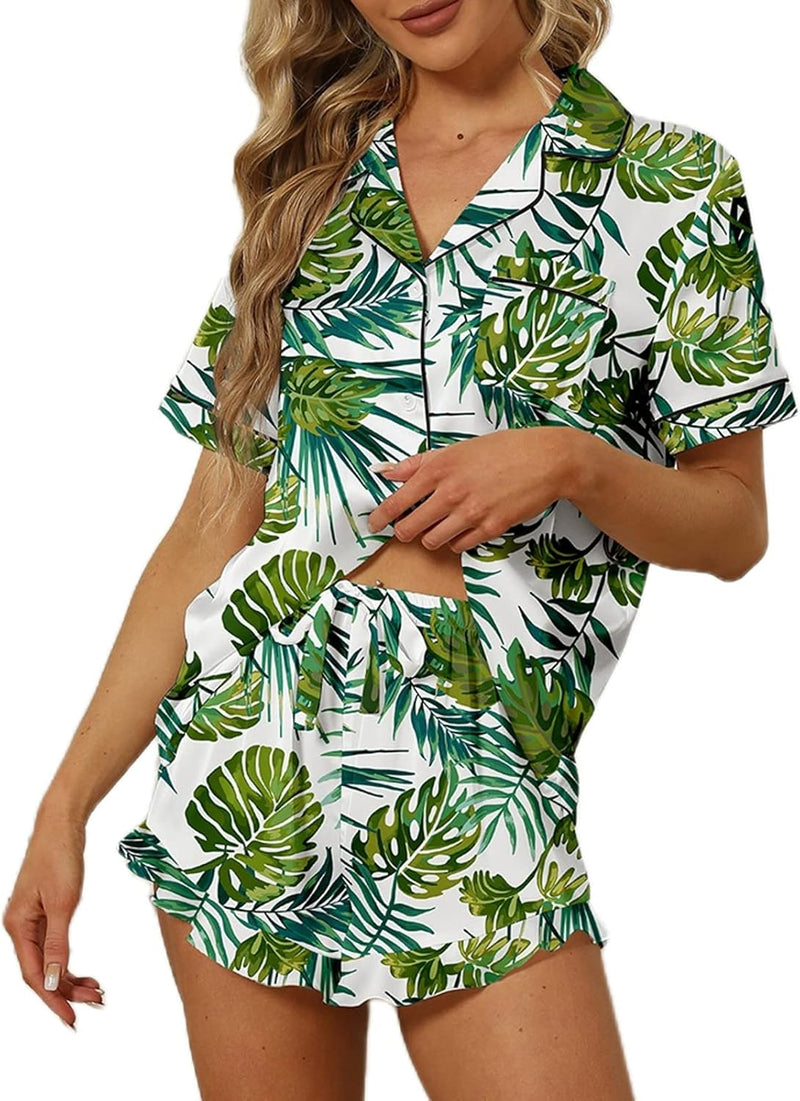 SAPJON Satin Silk Pajamas for Women 2Pcs Ruffle Notch Collar Sleepwear Button Down Short Sleeve Shorts Pjs Set Loungewear-22