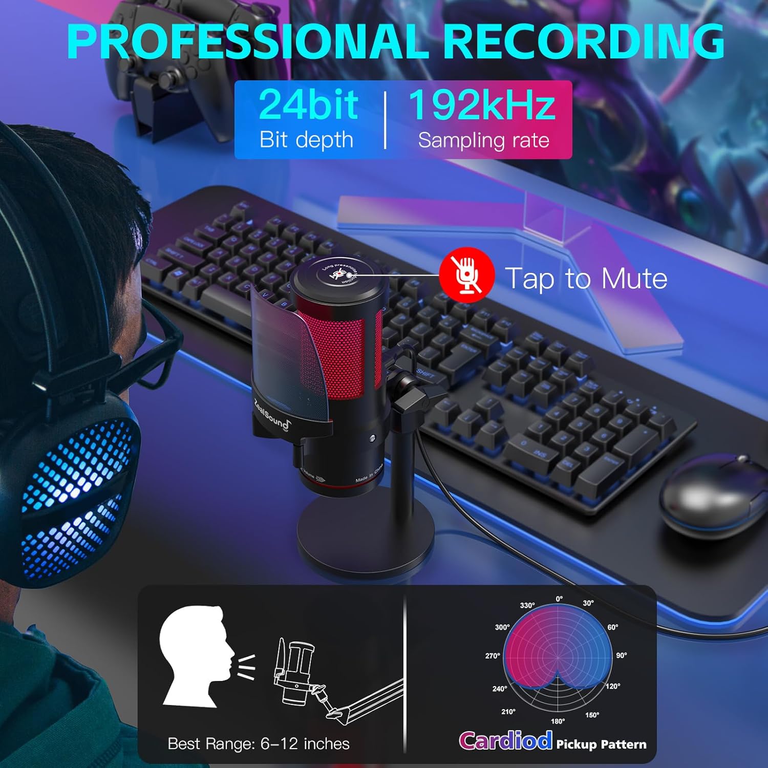 ZealSound Gaming USB Microphone, Noise Cancellation Condenser mic with RGB Light, Touch Mute, Gain, Monitoring for Streaming, Podcast, Twitch, YouTube, Discord, iPhone, iPad, Computer, PS4, PS5, Mac