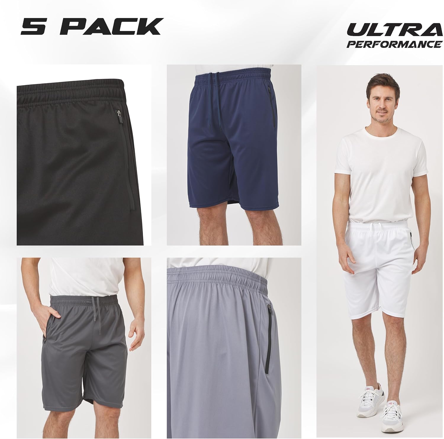 Ultra Performance Mens 5 Pack Athletic Running Shorts, Loose fit Basketball Gym Workout Shorts for Men with Zippered Pockets