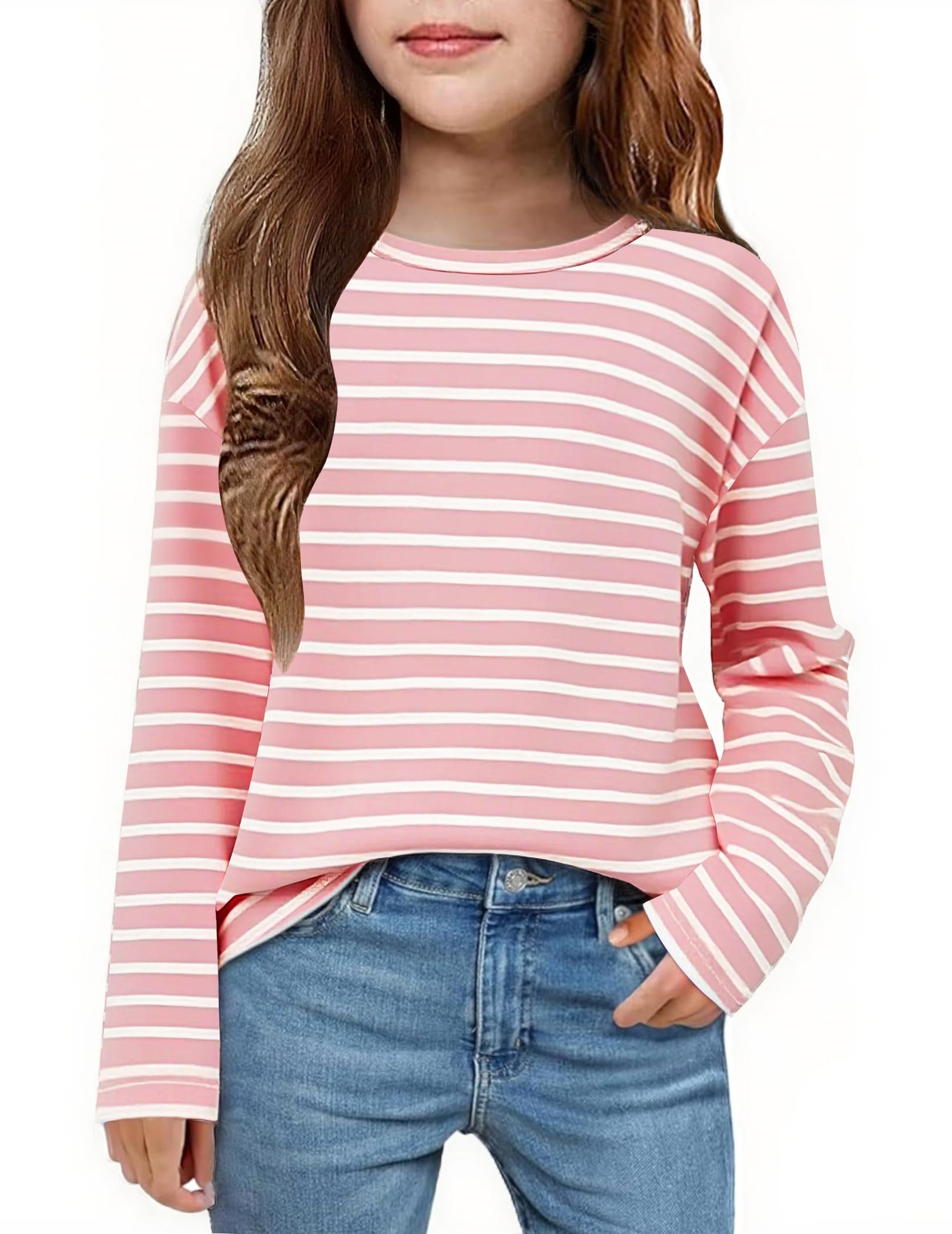 Arshiner Girls Striped Long Sleeve Shirts Drop Shoulder Casual Fashionable Crewneck Blouse Tee Tops