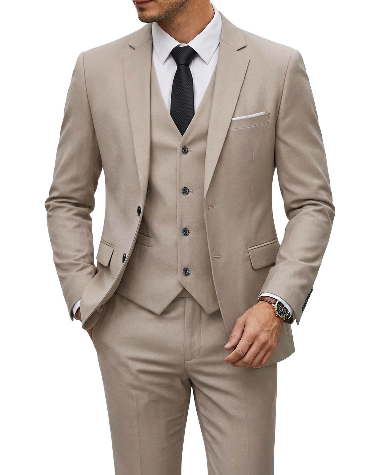 YND Men's 3 Piece Suit Set with Tie, 2 Button Slim Fit Solid Blazer Jacket Vest Pants, Business Wedding Party Suits for Men-37