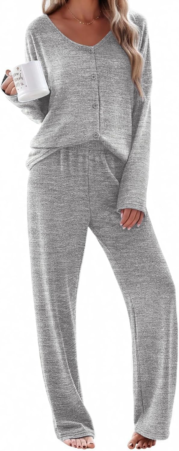Ekouaer Womens Pajama Sets Button Up Long Sleeve Pjs Soft Lounge Set 2 Piece Sleepwear with Pockets-3
