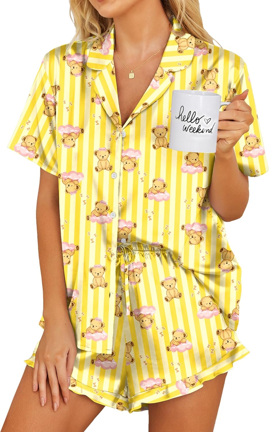 Ekouaer Womens Satin Pajamas Set Button Down 2 Piece Silk Pjs Shorts Set Ruffle Lingerie Notch Collar Sleepwear-54