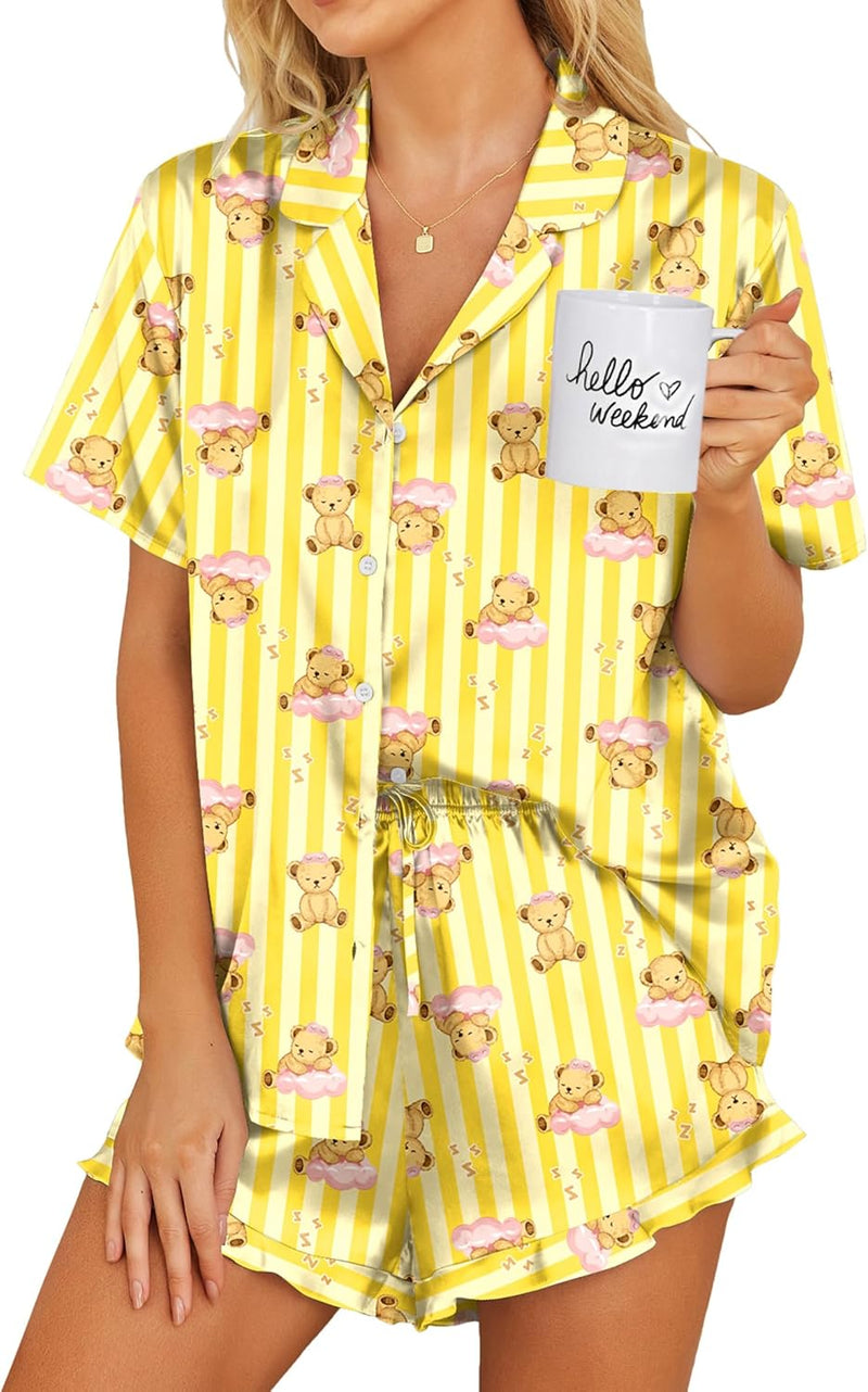 Ekouaer Womens Satin Pajamas Set Button Down 2 Piece Silk Pjs Shorts Set Ruffle Lingerie Notch Collar Sleepwear-63