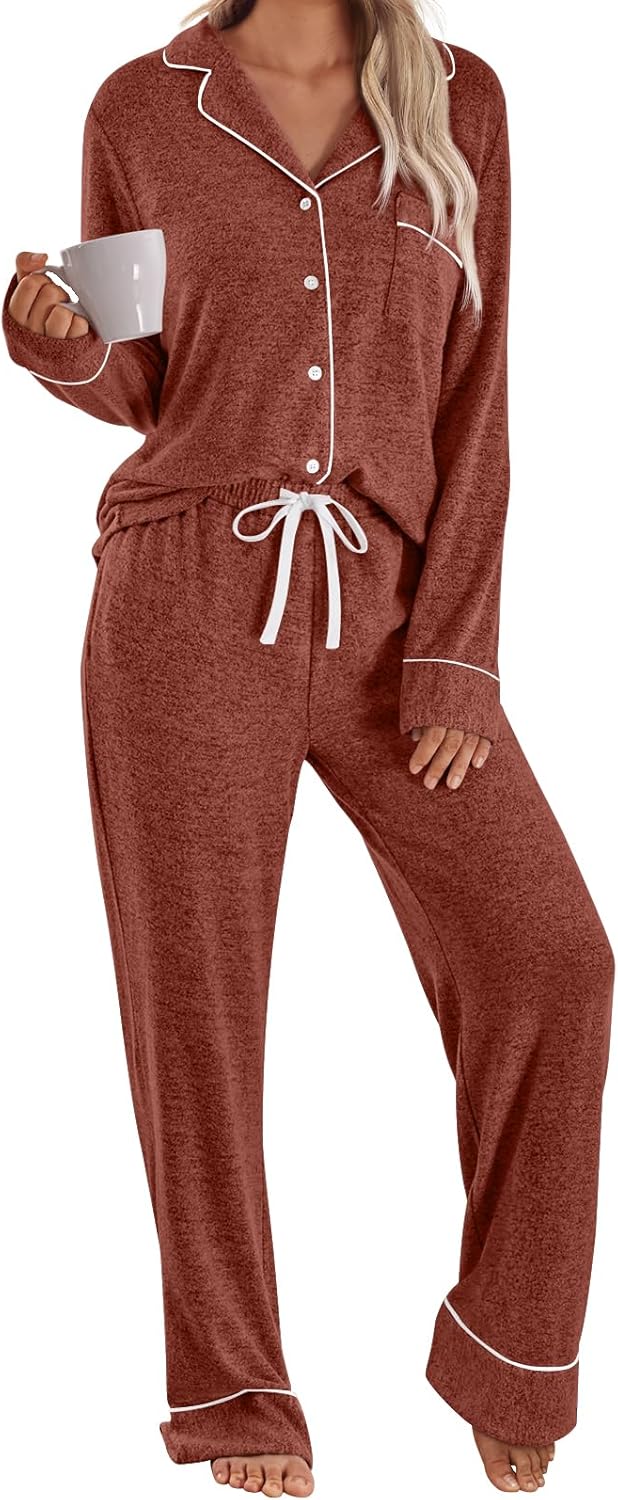 LILLUSORY Women's Long Sleeve Pajama Set - Soft Button-Down Top & Comfortable Drawstring Pants with Pockets-3