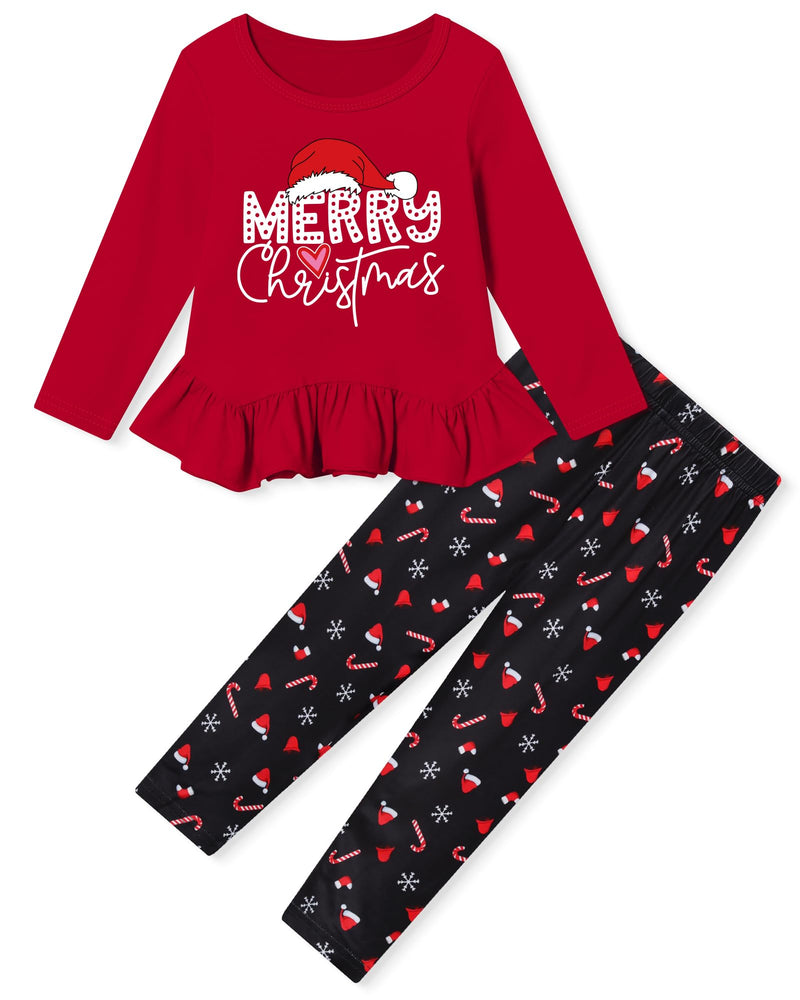 CARETOO Toddler Girl Clothes Girl 2pcs Fall Winter Outfit Ruffle Hem Top and Full-print Patterned Pants 2-7 Years-24