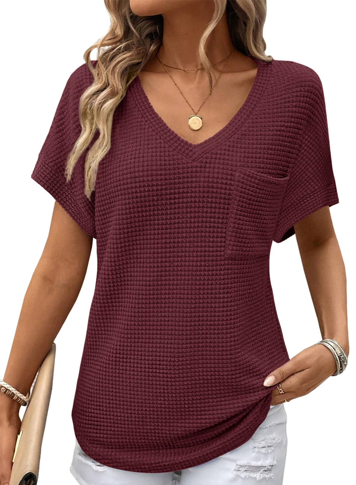 Dokotoo Womens Waffle Knit Tops 2026 Spring Summer V Neck Shirts Casual Trendy Women's Blouses Basic Tee-20