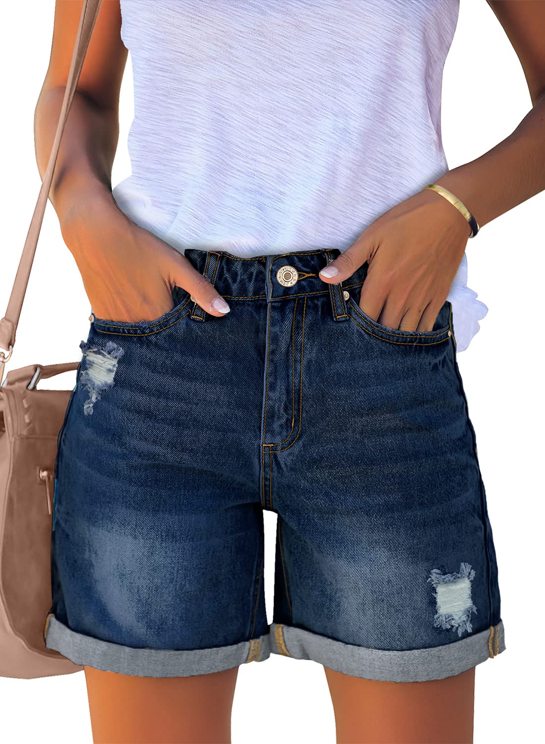 luvamia Women's Casual Ripped Denim Shorts High Rise Distressed Rolled Hem Jeans Shorts