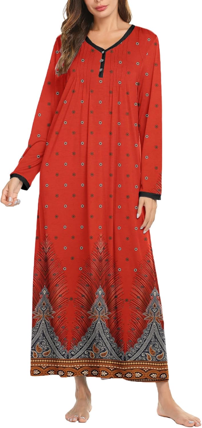 Ekouaer Women's Long Sleeve Nightgown Full Length Sleepwear Long Sleepshirts Henley Sleep Dress S-4XL-96