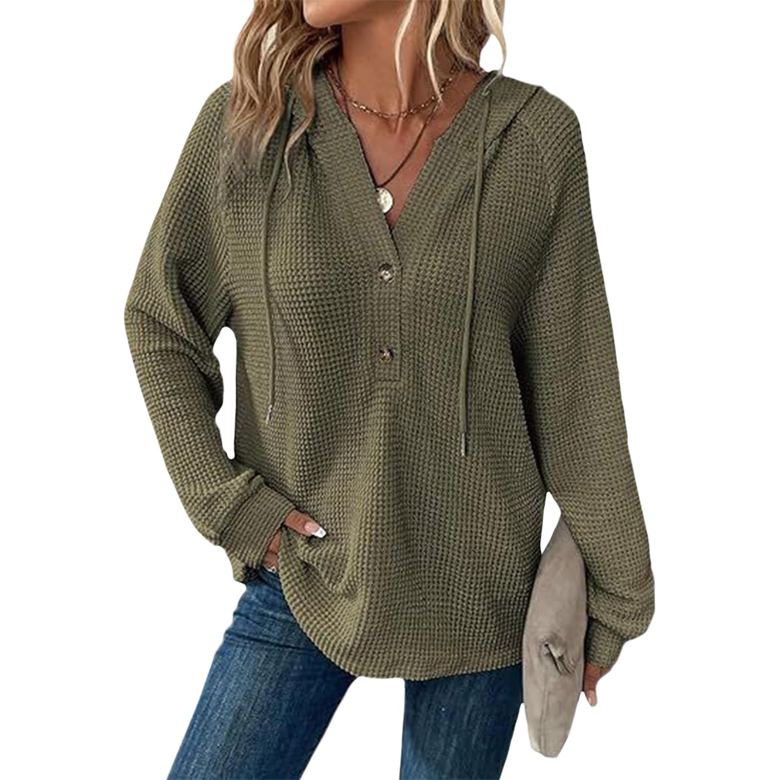 Hoodies for Women Comfortable Waffle Knit Long Sleeve Drawstring Button V Neck Casual Pullover Sweatshirt Hooded Tops-15