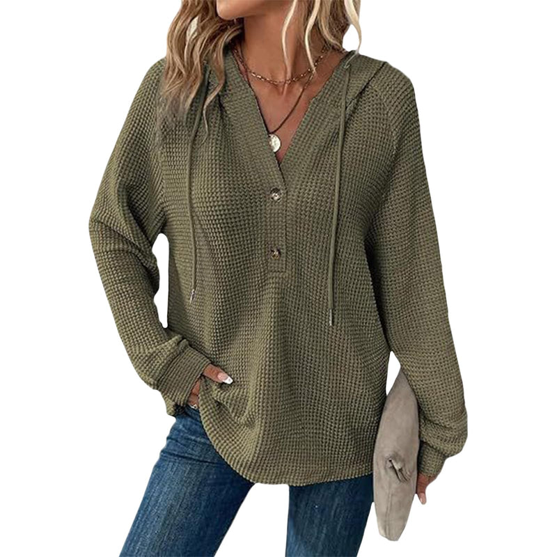Hoodies for Women Comfortable Waffle Knit Long Sleeve Drawstring Button V Neck Casual Pullover Sweatshirt Hooded Tops-17
