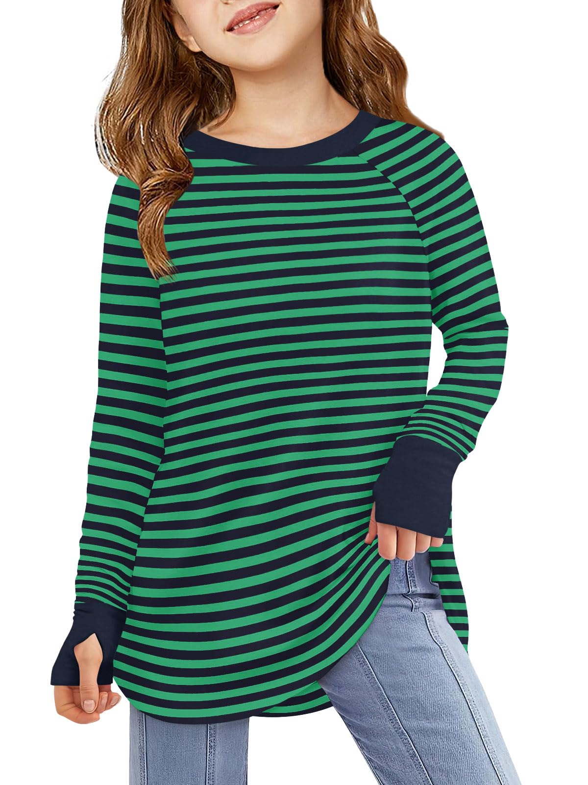 Haloumoning Girls Striped Thumb Hole Long Sleeve Shirts Kids Crewneck Tunic Tops Curved Hem Tees 5-14 Years