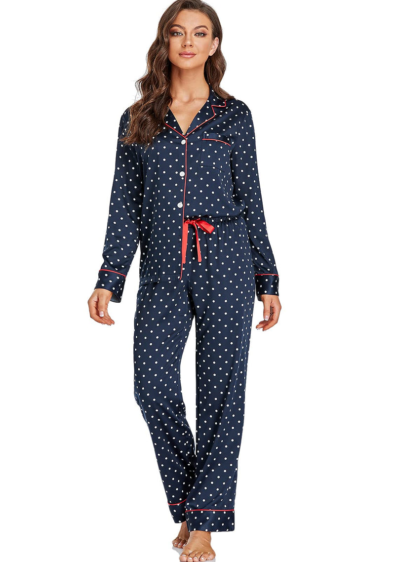 Women's Satin Pajama Set Long Sleeve Button Down Sleepwear 2-Piece Silky Pj Set-10