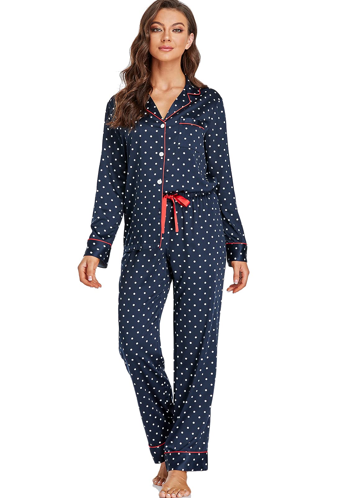Women's Satin Pajama Set Long Sleeve Button Down Sleepwear 2-Piece Silky Pj Set-37