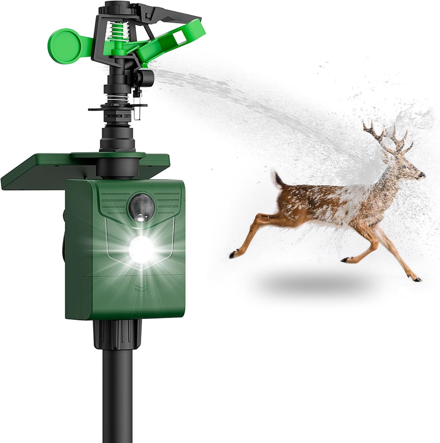 Motion Activated Animal Repeller with Water Sprinkler, Deer Repellent Devices Solar Powered, IP65 Waterproof Cat Repellent Outdoor with Flashing Light, Deter Deer Foxes Skunks Raccoons from Garden