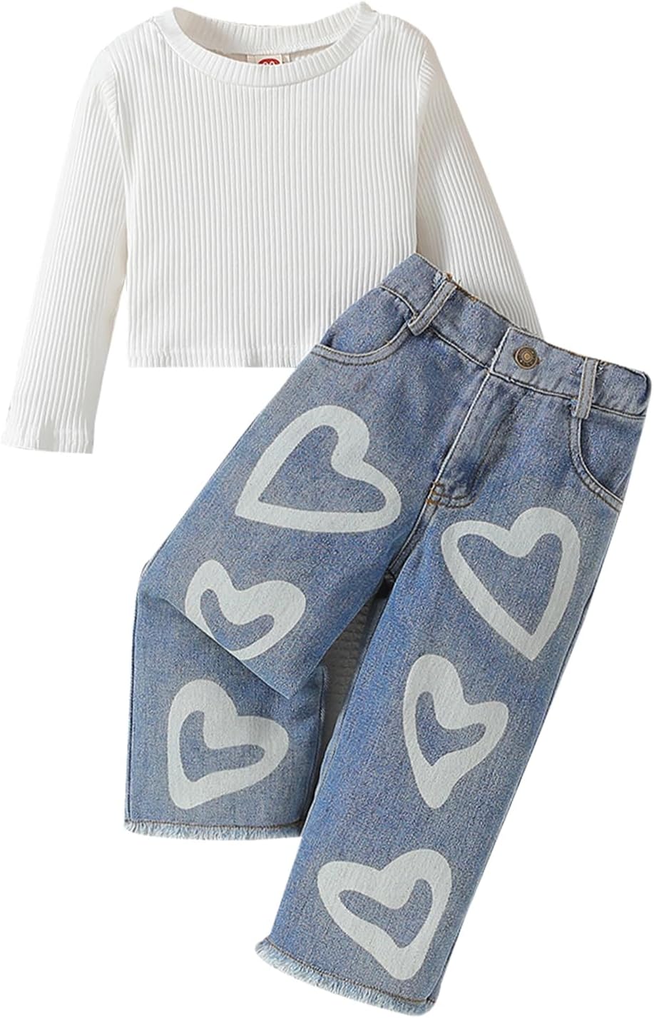 Toddler Girls Clothes 2T 3T 4T 5T 6T Ribbed Baby Kids Girl Denim Outfits Long Sleeve Tops Love Hearts Jeans Pant