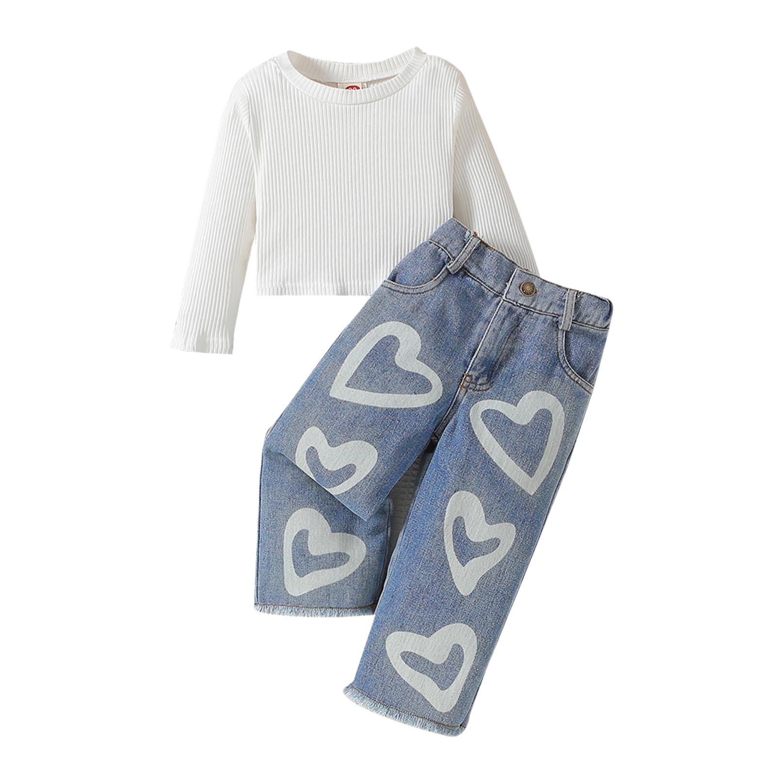 Toddler Girls Clothes 2T 3T 4T 5T 6T Ribbed Baby Kids Girl Denim Outfits Long Sleeve Tops Love Hearts Jeans Pant