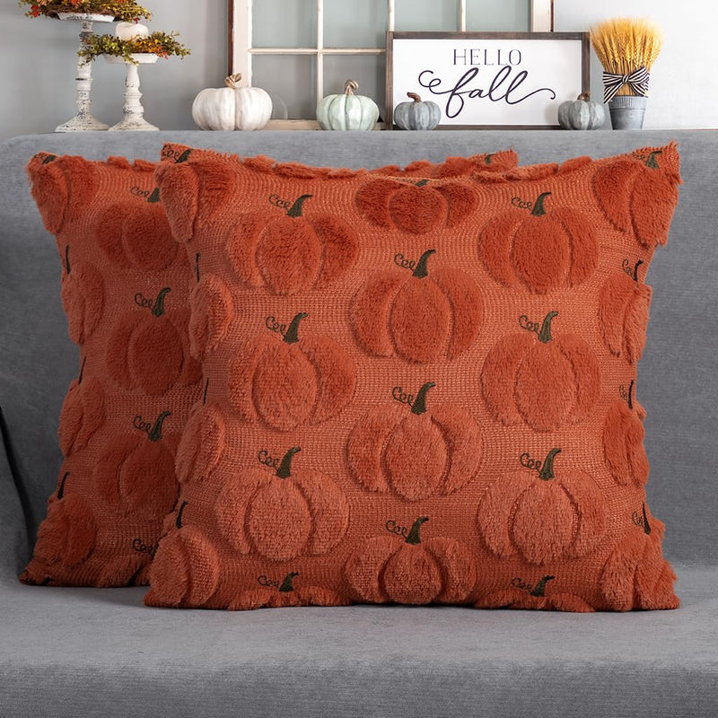 4TH Emotion Fall Pumpkins Leaves Decorative Pillow Covers 18"x18" Set of 2, Beige Soft Plush Faux Fur Throw Cushion Cases for Autumn Thanksgiving Holiday Home Decorations