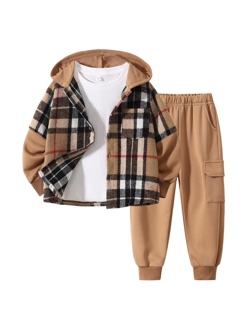 Fdqin 2Pcs Kids Boys Flannel Plaid Shirt Tops Pants Set Hoodie Sweatsuit for Fall Winter Spring Outfits 4-12 Years