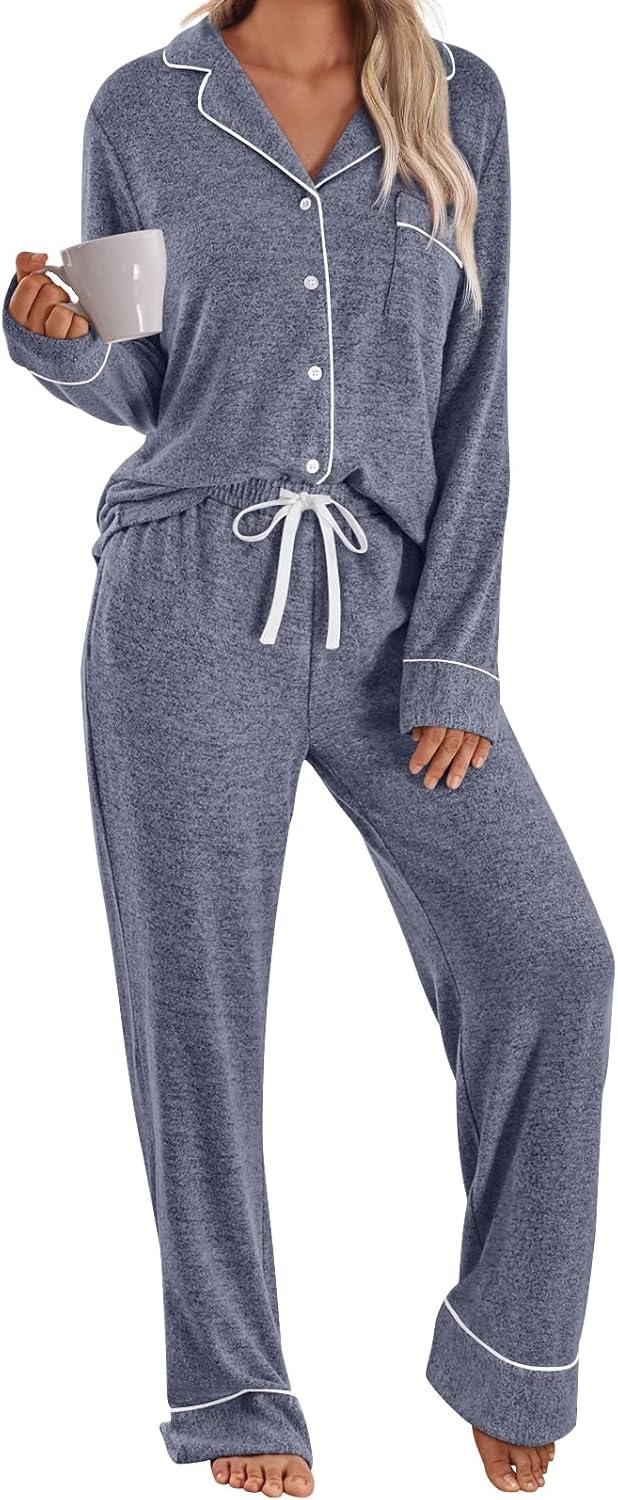 LILLUSORY Women's Long Sleeve Pajama Set - Soft Button-Down Top & Comfortable Drawstring Pants with Pockets-14