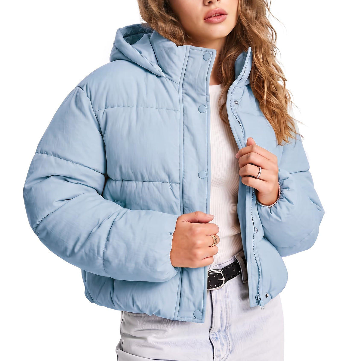 Gihuo Womens Cropped Puffer Jacket Hooded Warm Quilted Jacket