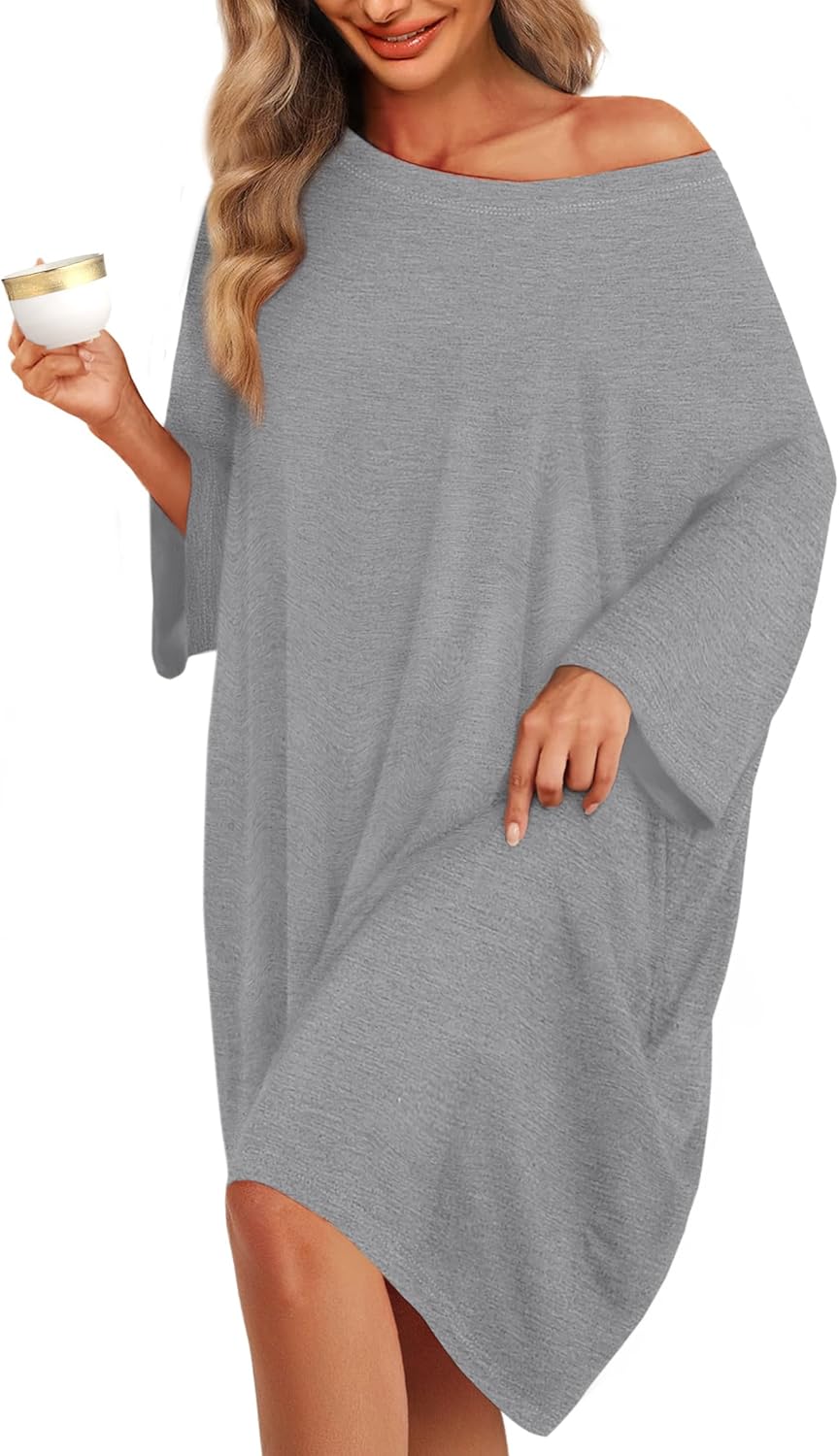 KFUBUO Plus Size Nightgowns for Women Oversized Sleep Tshirts Dress Short Sleeves Sleepwear With Pocket Fit S-5XL-15
