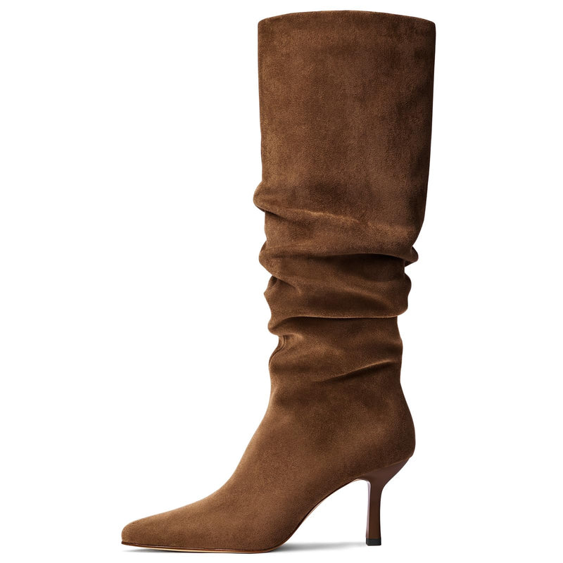 Lumeheel Knee High Boots for Women - Suede Ruched Women's Tall Boots with Pointed Toe Kitten Heel Pull On Zipper, Slouch Fashion for Fall Winter-28