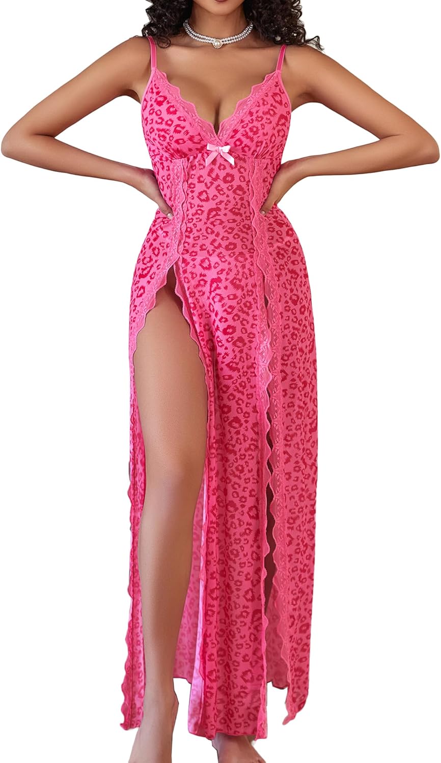 Avidlove Women Lingerie Lace Babydoll Chemise Sexy Mesh Nightdress V Neck Nightwear Side Split Nightgown-78