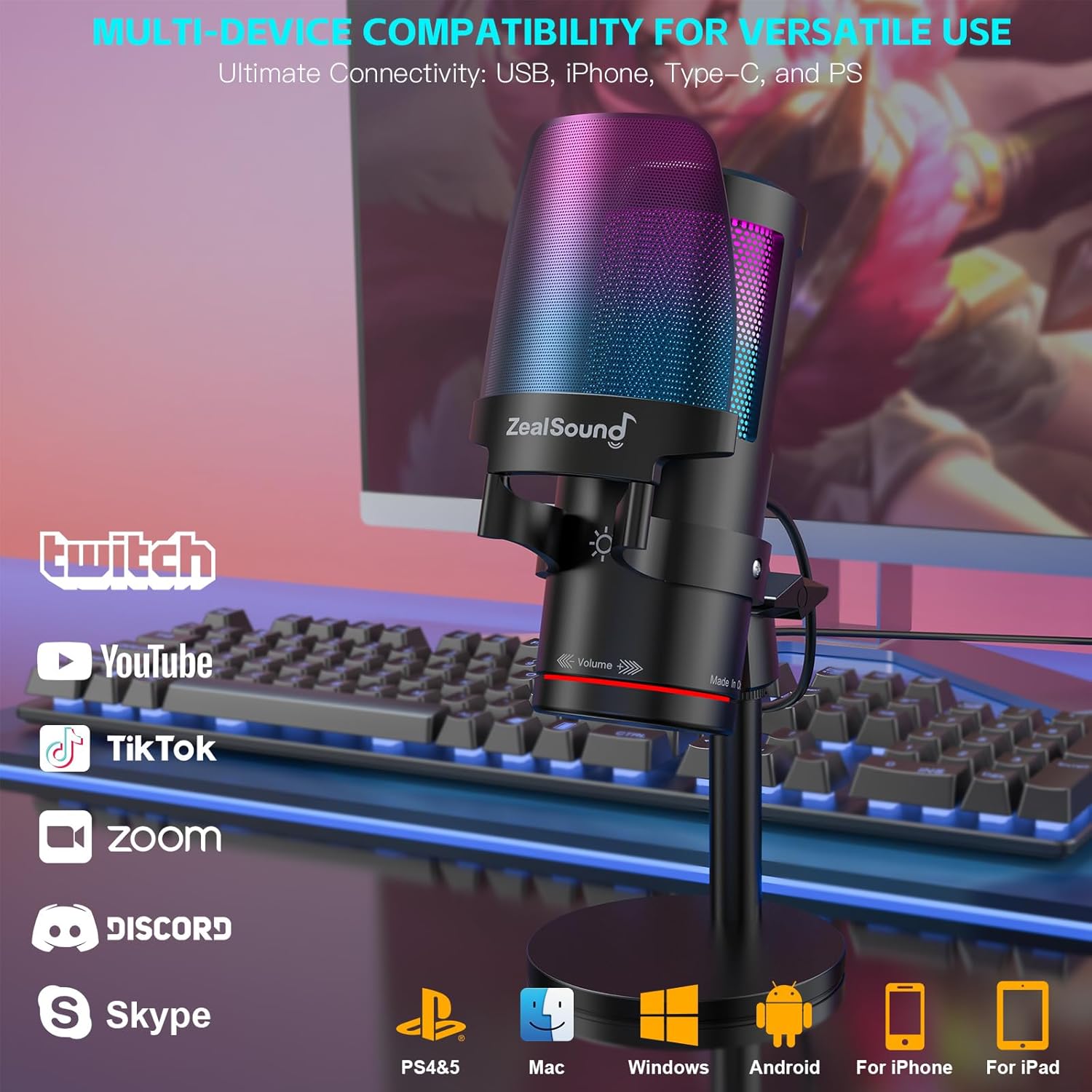 ZealSound Gaming USB Microphone, Noise Cancellation Condenser mic with RGB Light, Touch Mute, Gain, Monitoring for Streaming, Podcast, Twitch, YouTube, Discord, iPhone, iPad, Computer, PS4, PS5, Mac
