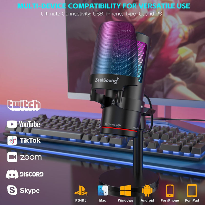 ZealSound Gaming USB Microphone, Noise Cancellation Condenser mic with RGB Light, Touch Mute, Gain, Monitoring for Streaming, Podcast, Twitch, YouTube, Discord, iPhone, iPad, Computer, PS4, PS5, Mac