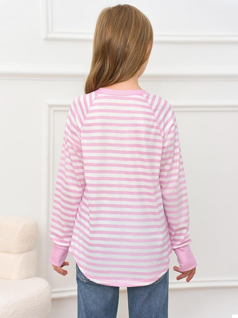 Haloumoning Girls Striped Thumb Hole Long Sleeve Shirts Kids Crewneck Tunic Tops Curved Hem Tees 5-14 Years