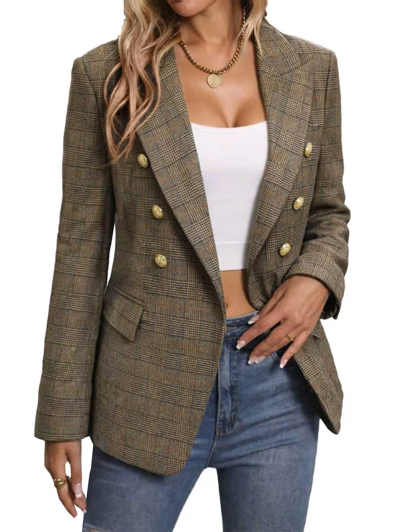 Mina Self 2026 Winter Women's Tweed Wool Blazer Jacket - Plaid Warm Fully Lined Fashion Business Casual Elegant Coat Pockets-67